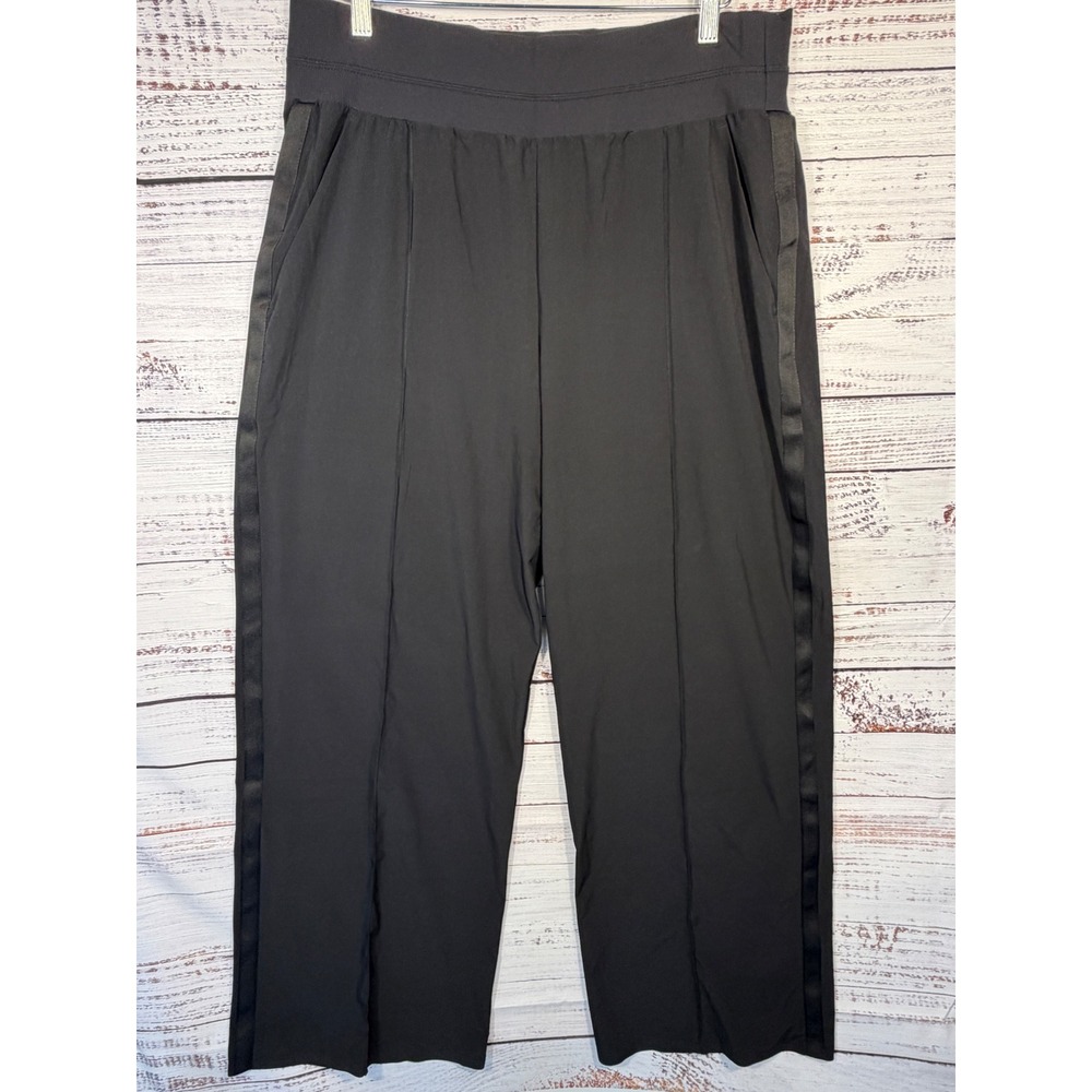 Athleta Nolita Wide Leg Pants Women 16 Black Satin Side Stripe Pintuck Cropped
